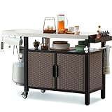 Onlyfire 53-Inch Dining Cart Table Storage Cabinet with XL Stainless Steel Countertop, Rolling Kitchen Island Worktable with Side Shelf and Wheels for Indoor Outdoor