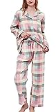 CHUNG Women Flannel Pajamas Set Long Sleeve Shirt Pants S-XL Sleepwear Button Down Cute Pattern,Green Plaid,M