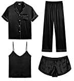 SWOMOG Womens 4pcs Pajamas Sets Silk Satin Sleepwear Sexy Cami with Button Down Short Sleeve Shirt Pjs Loungewear Black Medium