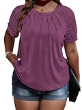 Bellcoco Plus Sized Crewneck T Shirts for Womens Summer Lace Short Sleeve Pleated Front Ladies Tops Loose Fit Dressy Business Casual Solid Basic Tee Oversized Blouse Fashion Shirts Wine Red 1XL