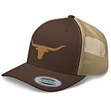 RIVEMUG Old Gold Longhorn Trucker Hat Mid Crown Curved Bill Texas Western Country Rodeo Cowboy Farm Ranch Snapback Cap, Brown/ Khaki, One Size