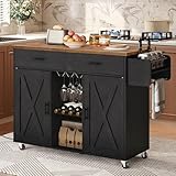 HOOBRO Kitchen Island with Storage, Rolling Kitchen Island Cart with Charging Station, Kitchen Island Table with Storage Cabinet, Open Shelves and Towel Rack, Black and Rustic Brown BF14UZD01