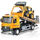 ID Gerilla Tow Truck Toy Metal Cab, Flatbed Tow Truck Toys for Boys Age 3-5 with Backhoe Loader, Friction Powered Transport Trailers with Lights, Sounds, Construction Vehicles for Kids 12.5"