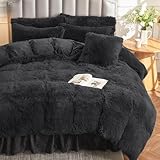 SASTTIE Fluffy Duvet Cover Queen Set, Fuzzy Faux Fur and Velvet Duvet Cover-1 Shaggy Duvet Cover + 2 Pillowcases, Fluffy Comforter Bed Set with Zipper Closure and Corner Ties, Dark Grey