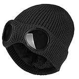 TecHong Unisex Knitted Goggles Beanie - Winter Stylish Skull Warm Cap, Outdoor Sports Fashion Fleece Lining Stretchy Hat Black