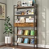 YAOHUOO Bookshelf with Drawers-31.5 Inches Widen Industrial Book Shelf with Bookend,5Tiers Tall Storage Shelves, Steel Frame Display Rack, Suitable for Bedroom, Office, Living Room, Bathroom