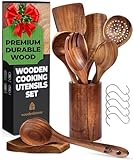 Wooden Spoons for Cooking, Cooking Utensils Set, Kitchen Utensil Set with Holder, Spoon Rest & Hanging Hooks, Teak Wood Nonstick Cookware – Durable Set of 8pcs by Woodenhouse