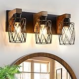 Farmhouse Bathroom Light Fixtures, Wood Bathroom Lighting Fixtures Over Mirror, 3-Light Vanity Light Fixture with Cage Metal Shade, Black Rustic Vanity Light for Bathroom, Hallway