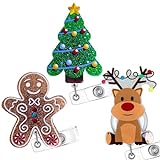 3PC Christmas Badge Reel Holder Retractable; Thanksgiving Holiday Season Vacation Winter Halloween ID Name Card Tag Reels Set Reindeer Gingerbread Man Xmas Tree for Nurse Nurses Accessories Gifts