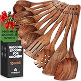 Wooden Spoons for Cooking, Kitchen Utensil Set, 10 Pcs Cooking Utensils Set for Nonstick Pans & Cookware – Study Teak Wood, Lightweight & Heat Resistant