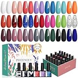 phoenixy 24 PCS Gel Nail Polish Set, 8ml Gel Nail Polish Kit with Base Glossy Matte Top Coat Brown Black Gray Red Nail Polish Set Starter Kit Nail Kit Gifts for Women