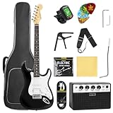 STRICH Electric Guitar Beginner Kit, Solid Body 39" Full Size Electric Guitar HSS Pick Up for Starter, with 10W Amp, Bag, Digital Tuner, Capo, Strap, String,Cable, Picks, SST-S20 Black