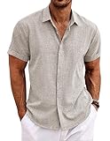 COOFANDY Men's Linen Shirts Short Sleeve Casual Shirts Button Down Shirt for Men Beach Summer Wedding Shirt, Stone, Medium