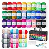 Inscraft 48 PCS Crochet Yarn Kit, 1400 Yards 40 Colors Acrylic Yarn Skeins, 2 Crochet Hooks, 2 Weaving Needles, 4 Stitch Markers, 1 Bag, Yarn for Crocheting & Knitting, Gift for Beginners and Adults