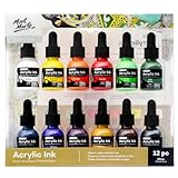 Mont Marte Acrylic Ink Premium 12pc x 20ml (0.7 US fl.oz), Acrylic Inks for Artists, Essential Colours, Ideal for Air Brush, Pouring Art, Scrapbooking, Ink Drawing, Mixed Media