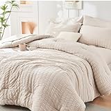 HYMOKEGE Beige Queen Comforter Set Seersucker 7 Pieces, All Season Luxury Bed in a Bag for Bedroom, Bedding Set with Comforters, Sheets, Pillowcases & Shams