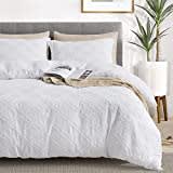 Maple&Stone Queen Duvet Cover Set, 3 Pieces Textured Tufted Boho Bedding Sets Zipper Closure Design with Ties, 1 Duvet Cover + 2 Pillow Shams, Comforter NOT Included (White, Queen Size)