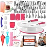 RFAQK Cake Decorating Kit | 200 PCs Set with Cake Turntable-48 Numbered Easy to use Icing Tips-7 Korean Tips with Pattern Chart & E.Book-Straight & Offset Spatula-Cake Leveler & Other Baking Supplies