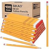 Sikao 100 Pack Pencils #2 Wood Pencils Bulk for Classroom, Wooden Pencils, Number 2 Pencils, No 2 Pencils with Erasers, Yellow HB Pencil for Kids Sketching Drawing School Teacher Supplies