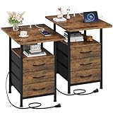 GYIIYUO Night Stand Set 2 with 19'' Large Tabletop, 3 Fabric Drawer and Fast Charging Station, Bedside Table with Spacious Storage, Side Tables with USB Ports and Outlets, Bedroom, Rustic Brown