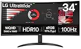 LG UltraWide Monitor (34WR50QK) - 34-inch 21:9 Curved UltraWide™ QHD (3440x1440) Display, sRGB 99%, HDR10, PBP, 100Hz Refresh Rate, Eye-Care Features, Ergonomic Design