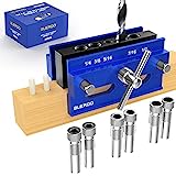 BLEKOO Self Centering Doweling Jig Kit, Drill Jig for Straight Holes Biscuit Joiner Set with 6 Drill Guide Bushings, Adjustable Width Drilling Guide Power Tool Accessory Jigs (Blue)