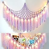 Dremisland Stuffed Animals Storage with Fairy Lights Toy Hammock Hanging Stuffed Animal Storage Organizer Holder with Lace Tassels for Nursery Play Room, Kids Bedroom