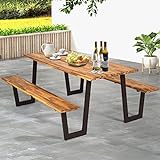 ORALNER Picnic Table and Bench Set, Outdoor Acacia Wood Picnic Table with 2 Benches, 2” Umbrella Hole Tabletop, Steel Frame, Outdoor Dining Table for Garden Picnic, Backyard Party, BBQ