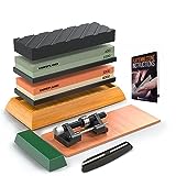 Knife Sharpening Stone Set – 400/1000 and 3000/8000-Grit Professional, Safe Knife Sharpener Set – Whetstone Set Includes Flattening Stone, Bamboo Base, and 2 Nonslip Rubber Bases