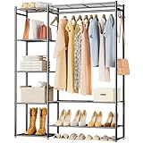 Neprock Clothing Rack with Shelves, Closet Organizers and Storage for Clothes Portable Wardrobe Closet with Closet Rod, Clothes Rack Closet Shelves Garment Rack Rangement Garde Robe (Black)