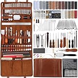 TLKKUE Leather Tooling Kit Leather Craft Tools Leather Working Kit with Custom Handbag Cutting Mats Engraving Punching Sewing Stamping Sanding Tools Leather Tools for Leather Working Professional