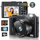 Newest 4K Digital Camera for Photography 64MP Selfie Camera with Front and Rear Dual Lens 16X Digital Zoom Compact Point and Shoot Cameras Vlogging Camera with 32G Card & 2 Batteries (Black)