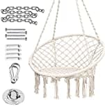 Hammock Chair, Cotton Rope Hanging Chair Bedroom, Chaise Suspendue with Hanging Hardware Kit, Swing Chair for Bedroom, Indoor, Outdoor, Patio, Yard, Max Weight 265 Lbs (Beige)