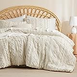 Bedsure Tufted Boho Comforter Set Queen - Linen Boho Bedding Comforter Set, 3 Pieces Farmhouse Shabby Chic Embroidery Bed Set, Soft Jacquard Comforter for Women Men Girls