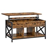 VASAGLE Lift Top Coffee Table for Living Room, Industrial Coffee Table with Hidden Compartments and Storage Shelf, 19.7 x 39.4 x (19.3-24.4) Inches, Rustic Brown and Black ULCT202B01