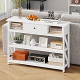 Mexin 39 Inch Console Sofa Table with Drawer, Industrial Entryway Table with Storage Shelves, Storage Organizer for Hallway Living Room Couch Foyer Kitchen Counter, White