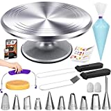 RFAQK 50PCs Cake Turntable Set -12" Aluminum Revolving Cake Stand- Professional Cake Decorating Supplies Kit with Straight & Offset Icing Spatula-Numbered Icing Tips & Bags- Cake Leveler