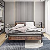 BOFENG Black Queen Size Bed Frames with Wood Headboard and Footboard,Heavy Duty Platform Bed Frame with Storage No Box Spring Needed Queen Mattress Foundation,Strong Steel Slats,Noise Free,Brown