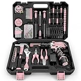 Tool Set with 12V Cordless Drill, Sundpey 206PCs Pink General Electric Complete Home Tool Kit, Basic Portable DIY Household Hand Tool Set Power Drill Driver Set for Women Garden Office Home Repair