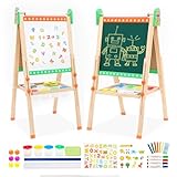 Kids Wooden Easel All-in-one Kid Easel Double Sided Whiteboard Blackboard Children Art Easel with Storage, Height Adjustable Easel for Boys Girls Painting and Writing (with Gift Packs) for Toddlers 3+ (Green robot)