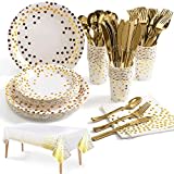 Nkaiso141Pcs White Gold Party Tableware, Party Paper Plates and Cutlery Set Includes Plates Cups Dinnerware Napkins, for Birthday Wedding Babyshower Decorations Supplies-20 Guests