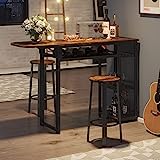 Bestier Bar Table and Chair Set, Industrial Expandable Dining Table with 2 Bar Stools, Kitchen Counter with Wine Rack & 3 Tier Adjustable Storage Shelves Rustic Brown