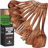 Wooden Spoons for Cooking, Kitchen Utensil Set, 10 Pcs Cooking Utensils Set for Nonstick Pans & Cookware – Study Teak Wood, Lightweight & Heat Resistant