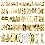 42 Pairs Gold Hoop Earrings Set for Women, Fashion Chunky Pearl Earrings Multipack Twisted Statement Earring Pack, Hypoallergenic Small Big Hoops Earrings for Birthday Party Christmas Jewelry Gift