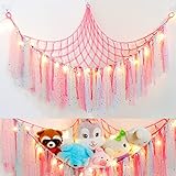 Dremisland Stuffed Animals Storage with Fairy Lights Toy Hammock Hanging Stuffed Animal Storage Organizer Holder with Lace Tassels for Nursery Play Room, Kids Bedroom