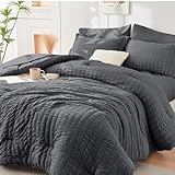 HYMOKEGE Queen Comforter Set Seersucker 7 Pieces, All Season Luxury Bed in a Bag for Bedroom, Bedding Set with Comforters, Sheets, Pillowcases & Shams, Dark Grey