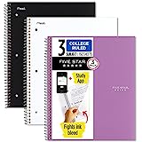 Five Star Spiral Notebook + Study App, 3 Pack, 3 Subject, College Ruled Paper, Fights Ink Bleed, Water Resistant Cover, 8-1/2" x 11", 150 Sheets, Black, White, Purple (820192)