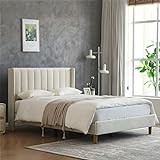 YUHUASHI upholstered Platform Bed Frame/Full Bed Frame/Modern Geometric Double-Wing Design headboard/Velvet Fabric/Easy to Assemble no Noise (Cream, Full)