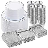 Bestvip 600PCS Plastic Dinnerware Set (100 Guests), Silver Disposable Plates for Party, Wedding, Anniversary, Includes: Dinner Plates, Dessert Plates, Cups, Spoons, Forks and Knives