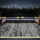 Outdoor Rug 8x10 with Led Light Waterproof Outdoor Carpet Reversible Patio Rug Modern Abstract Plastic Straw Camping Rug for Patio Camping Picnic Deck Balcony RV Foldable Rug Gray White